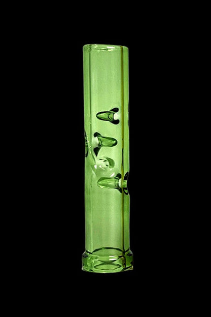 Green glass cannabis bubbler with etched logo.