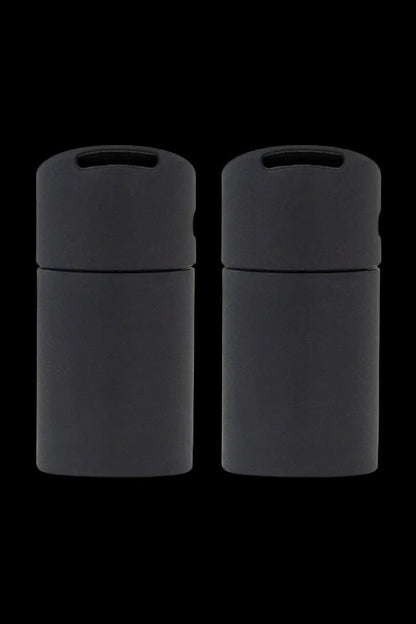 Two black silicone stash jars with airtight seals.