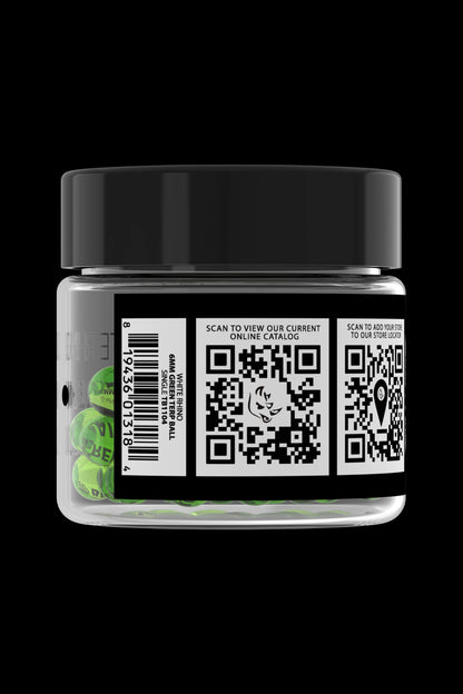 Cannabis accessory jar label with QR codes and product information.