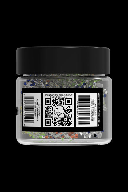 White Rhino cannabis product jar with a QR code for online catalog access.