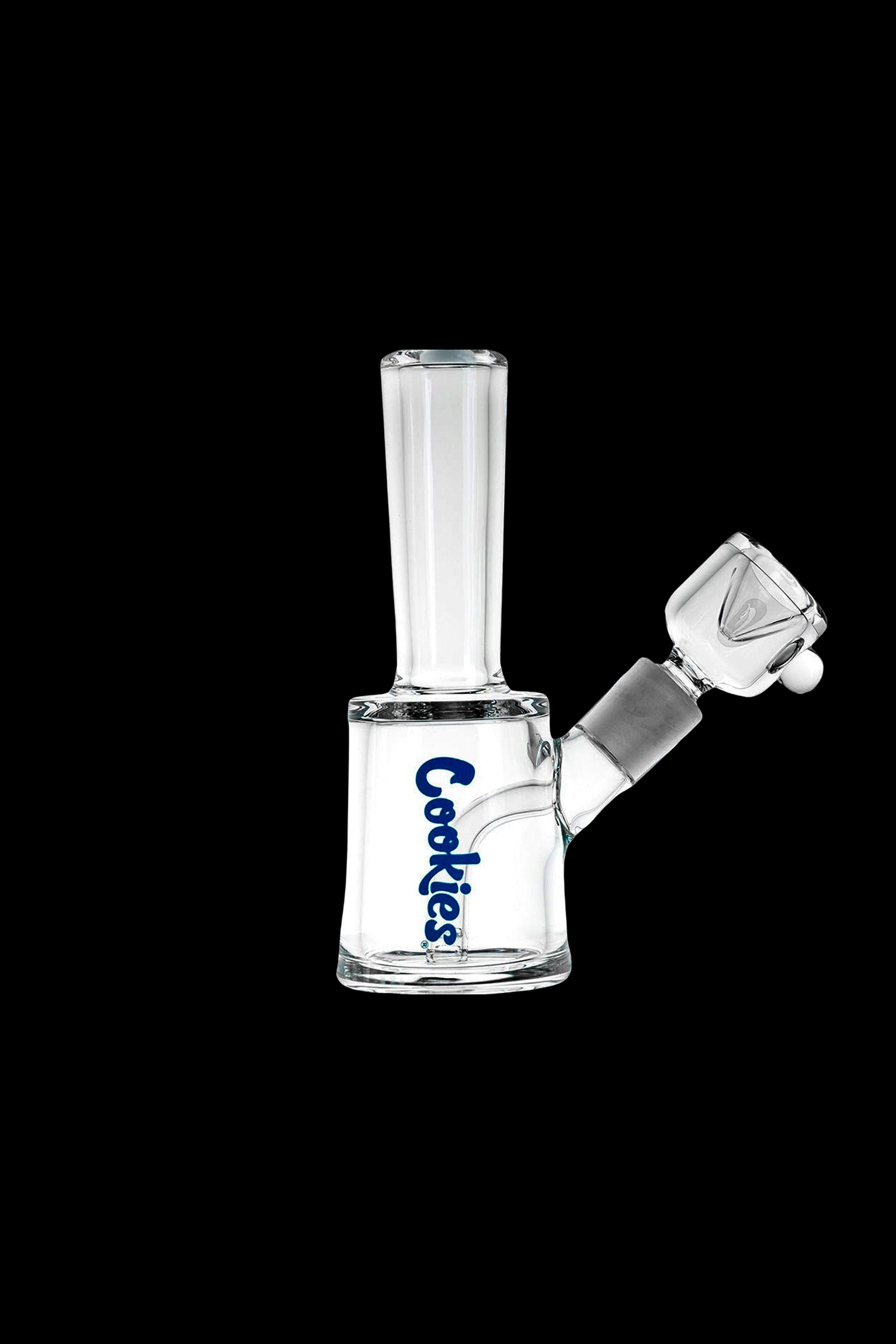Clear glass bubbler with "Cookies" logo, featuring a diamond-shaped mouthpiece.