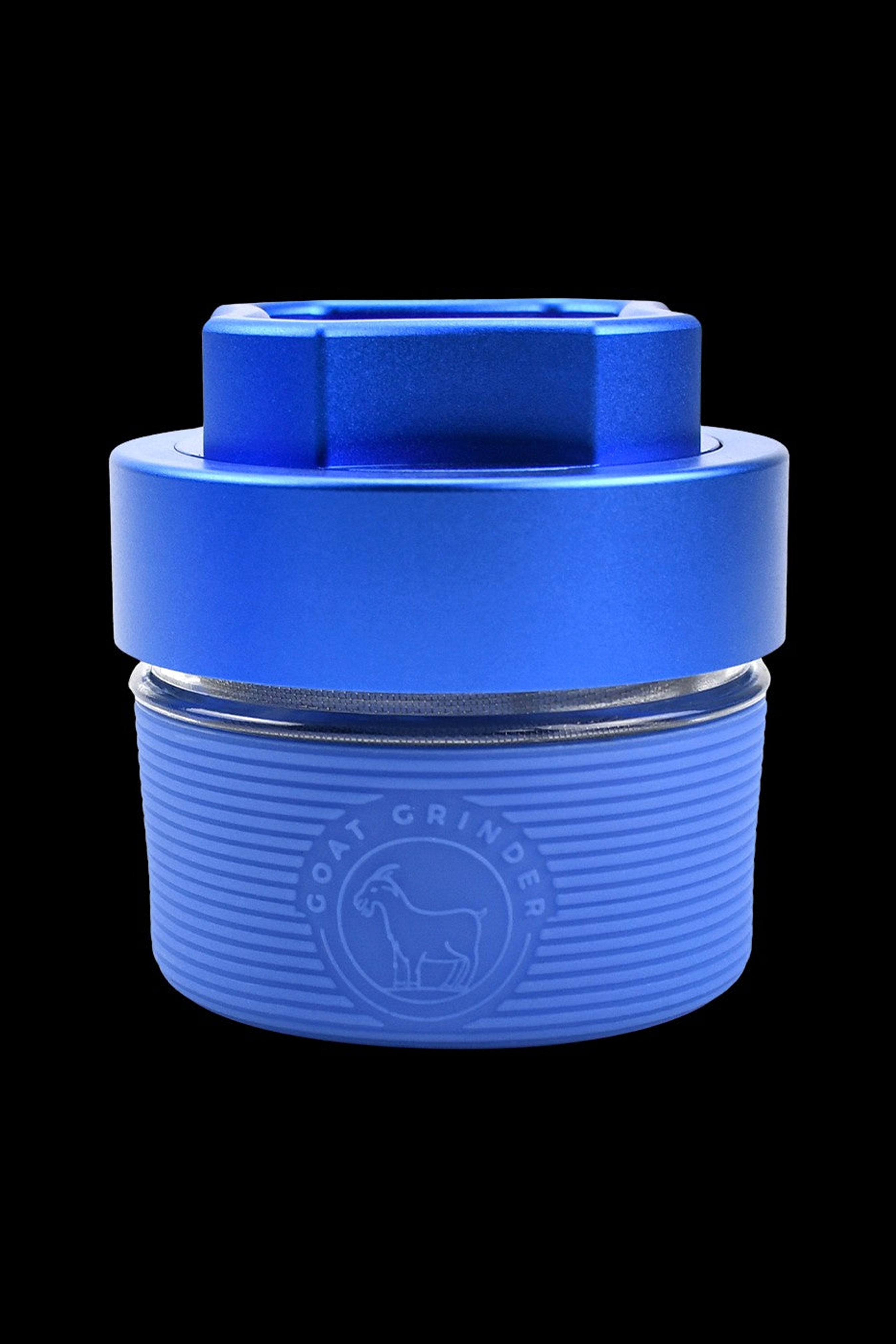Blue cannabis grinder with a goat logo.