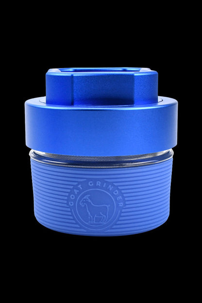 Blue cannabis grinder with a goat logo.