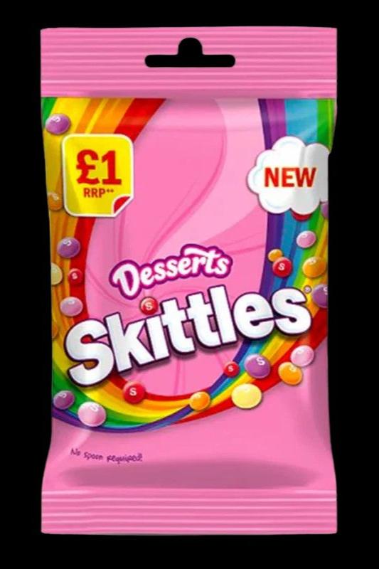 A bag of “Desserts Skittles” candy, often referenced in cannabis culture.
