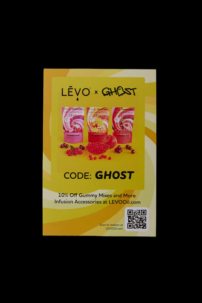 Promo graphic for LÉVO x GHOST collaboration featuring three gummy mix packages and a QR code, advertising 10% off with code “GHOST” at LEVOOil.com."