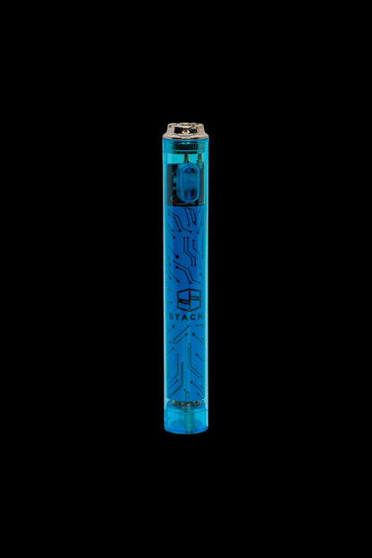 Blue electronic lighter with circuit board design and “STACH” branding, isolated on a black background.