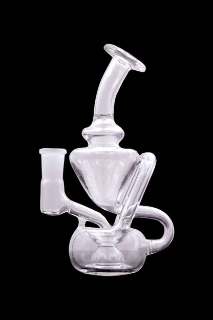 Clear glass dab rig with intricate bubbler design, isolated on a black background.