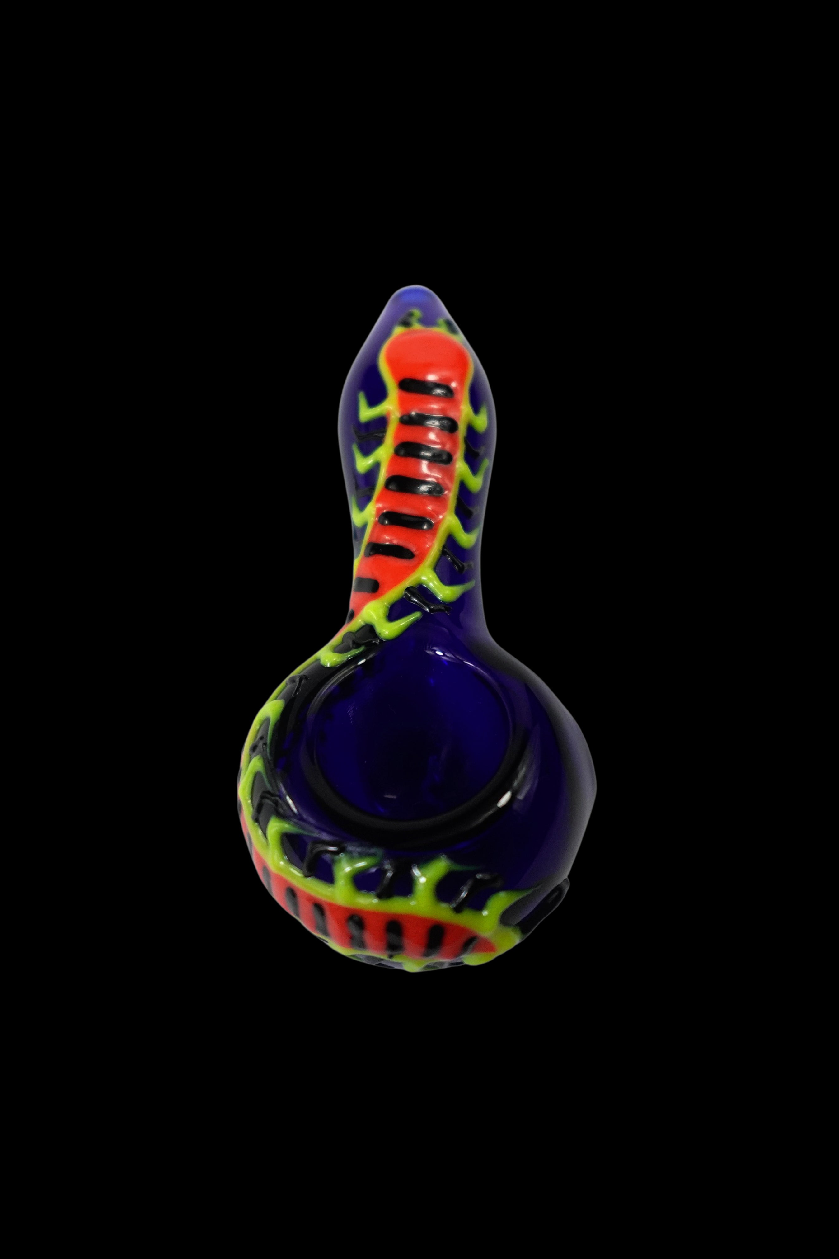 Purple glass pipe with red and yellow flame-like swirls against a black background.