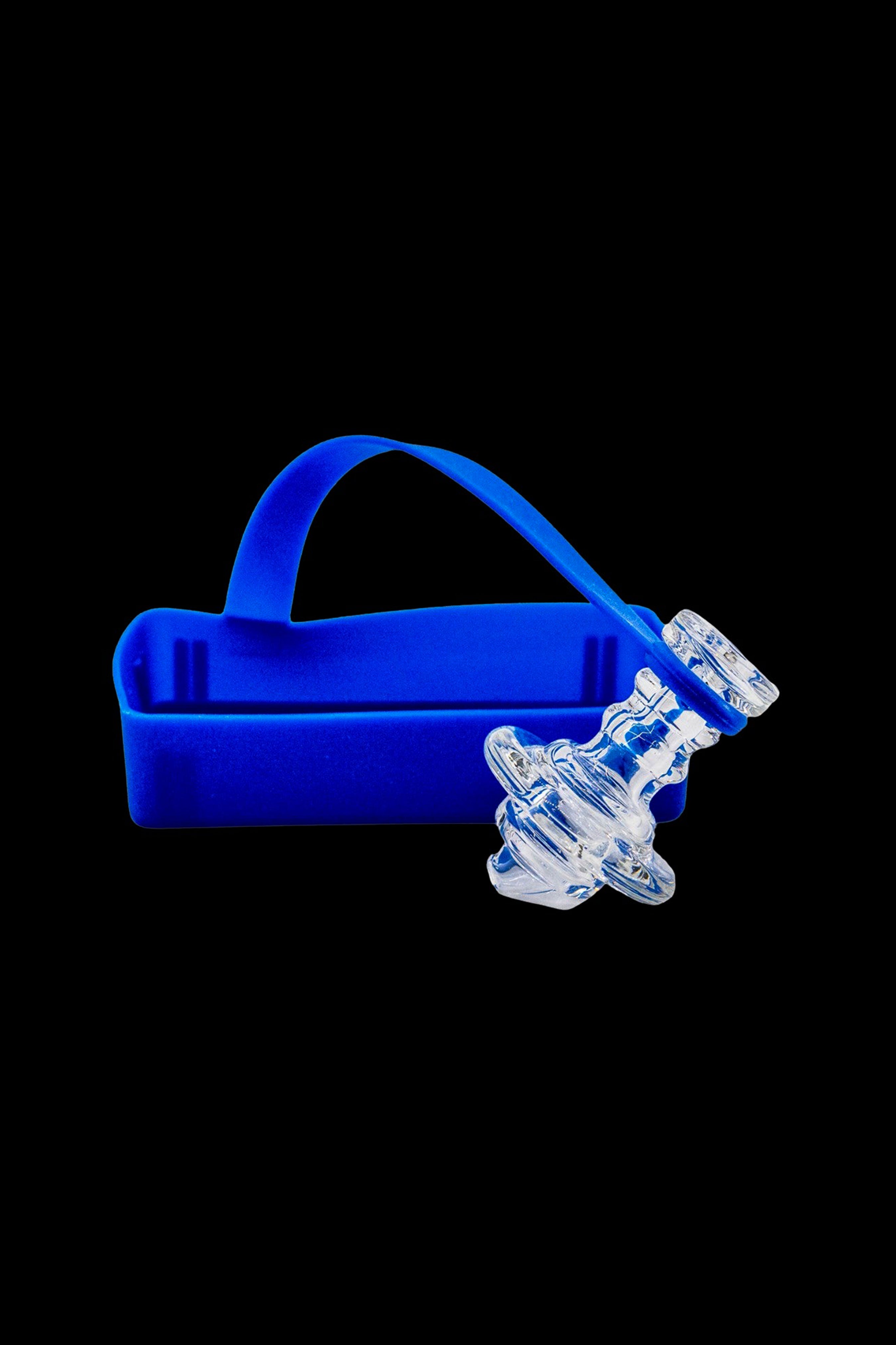 Blue velvet cannabis accessory carrying case with a quartz dab rig protruding from the top.