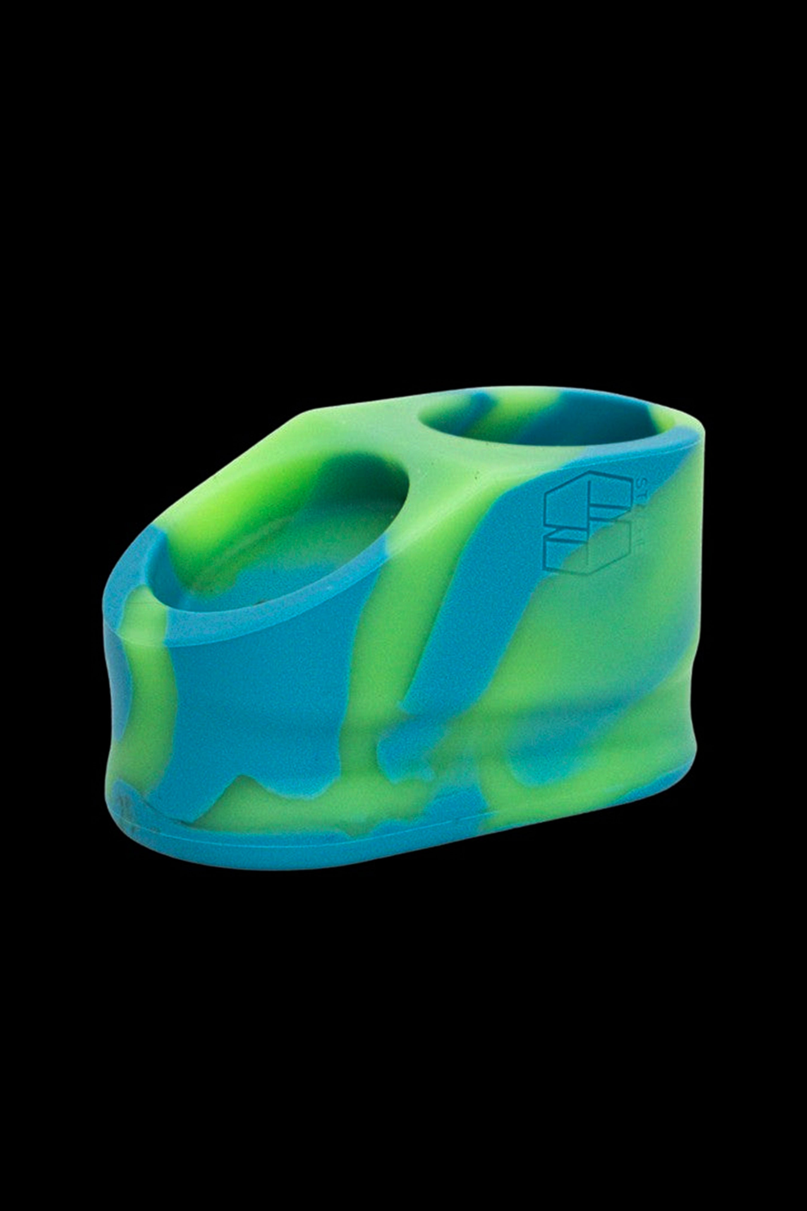 Blue and green silicone dab rig with two bowls.