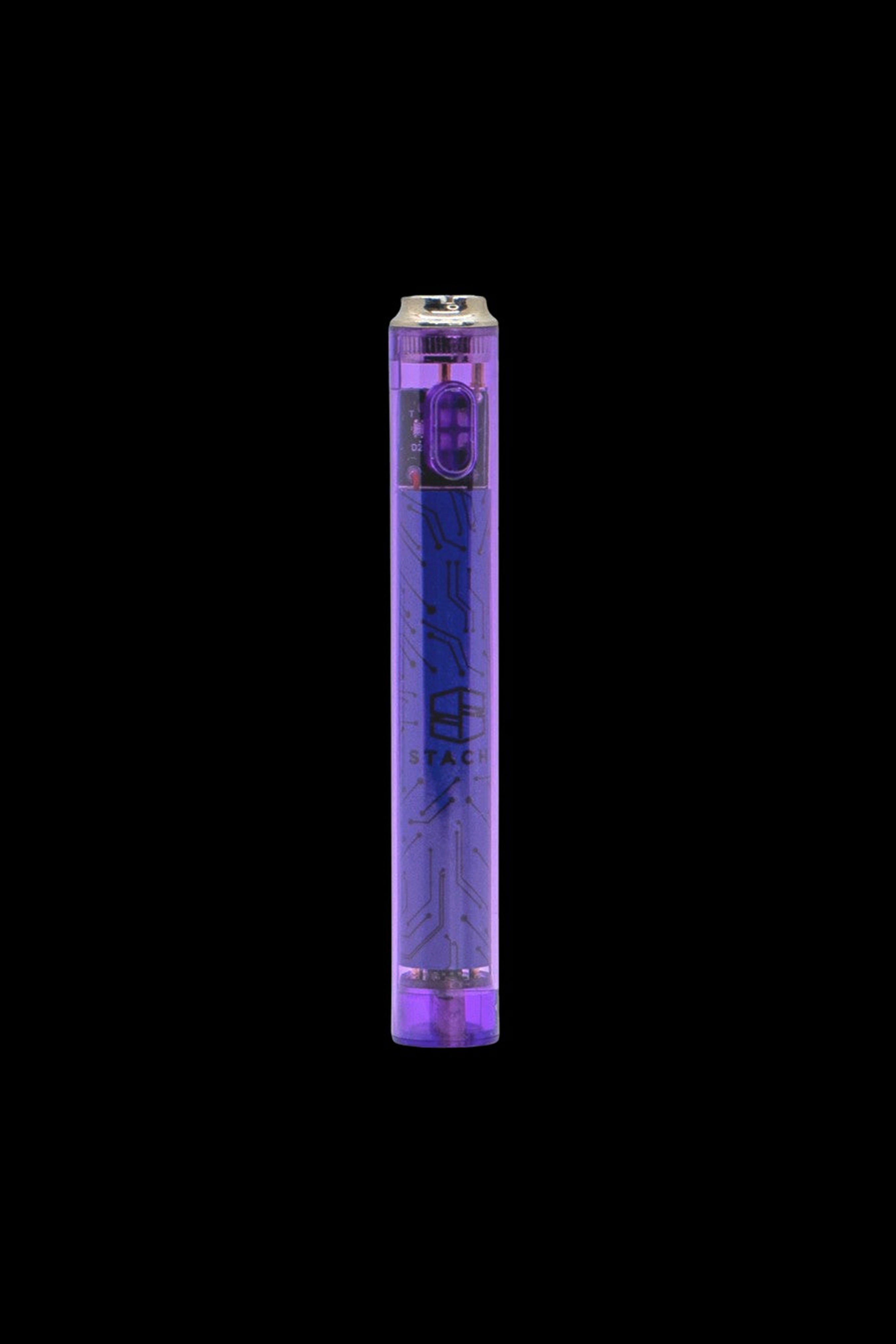 Purple cannabis vape pen against a black background.