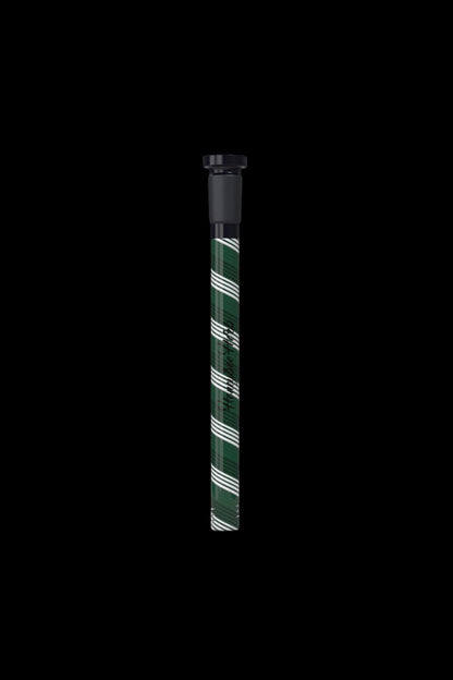 Glass pipe with green and white striped pattern against a black background.