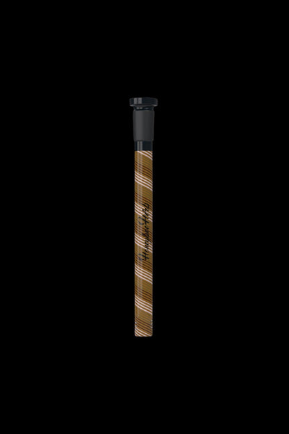 Glass cannabis oil burner pipe with brown and gold striped design.