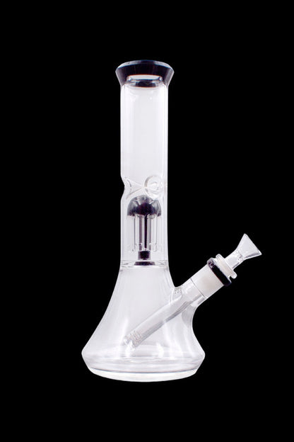 Clear glass water pipe (bong) with percolator, isolated on a black background.