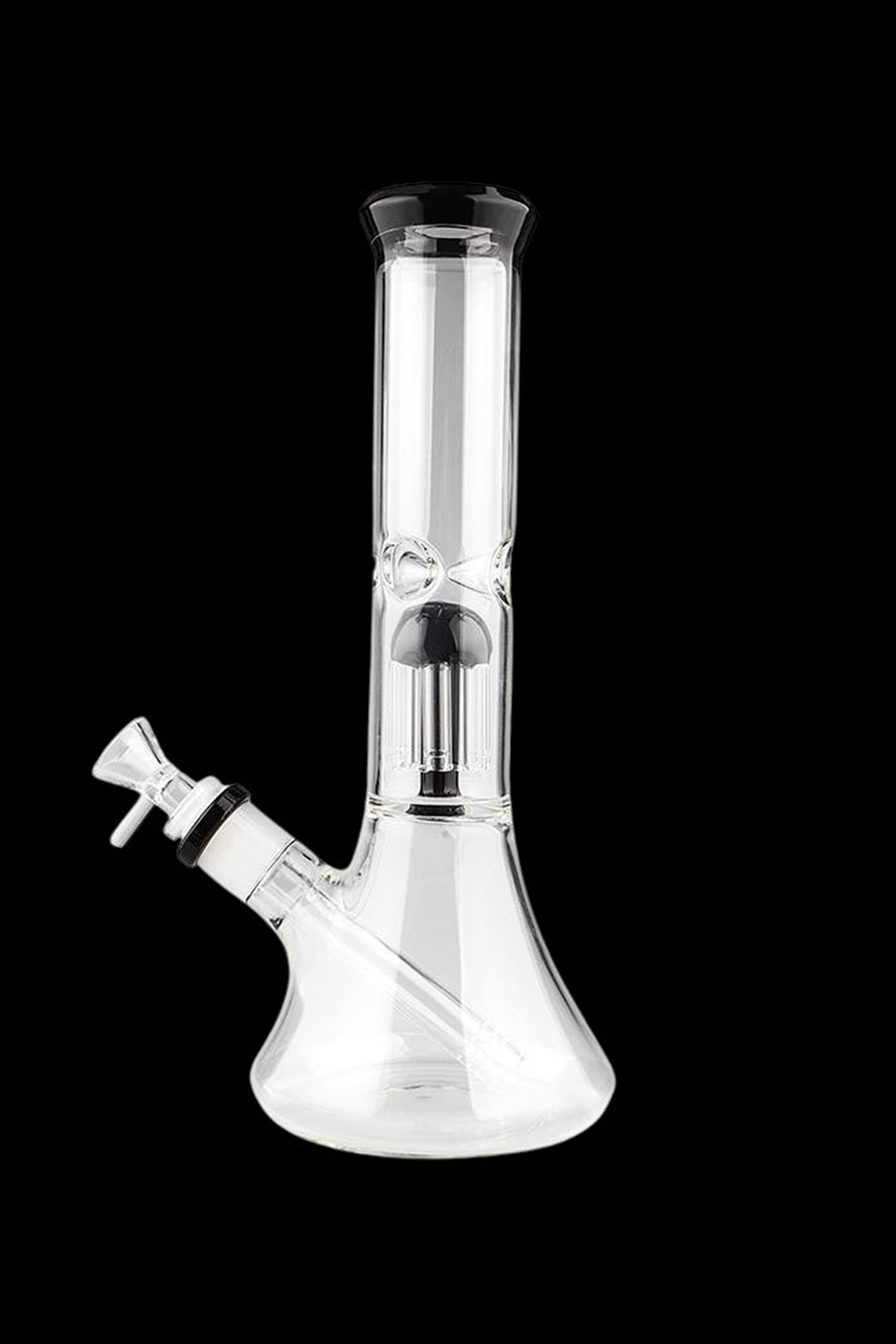 Clear glass bong with percolator, isolated on a black background.