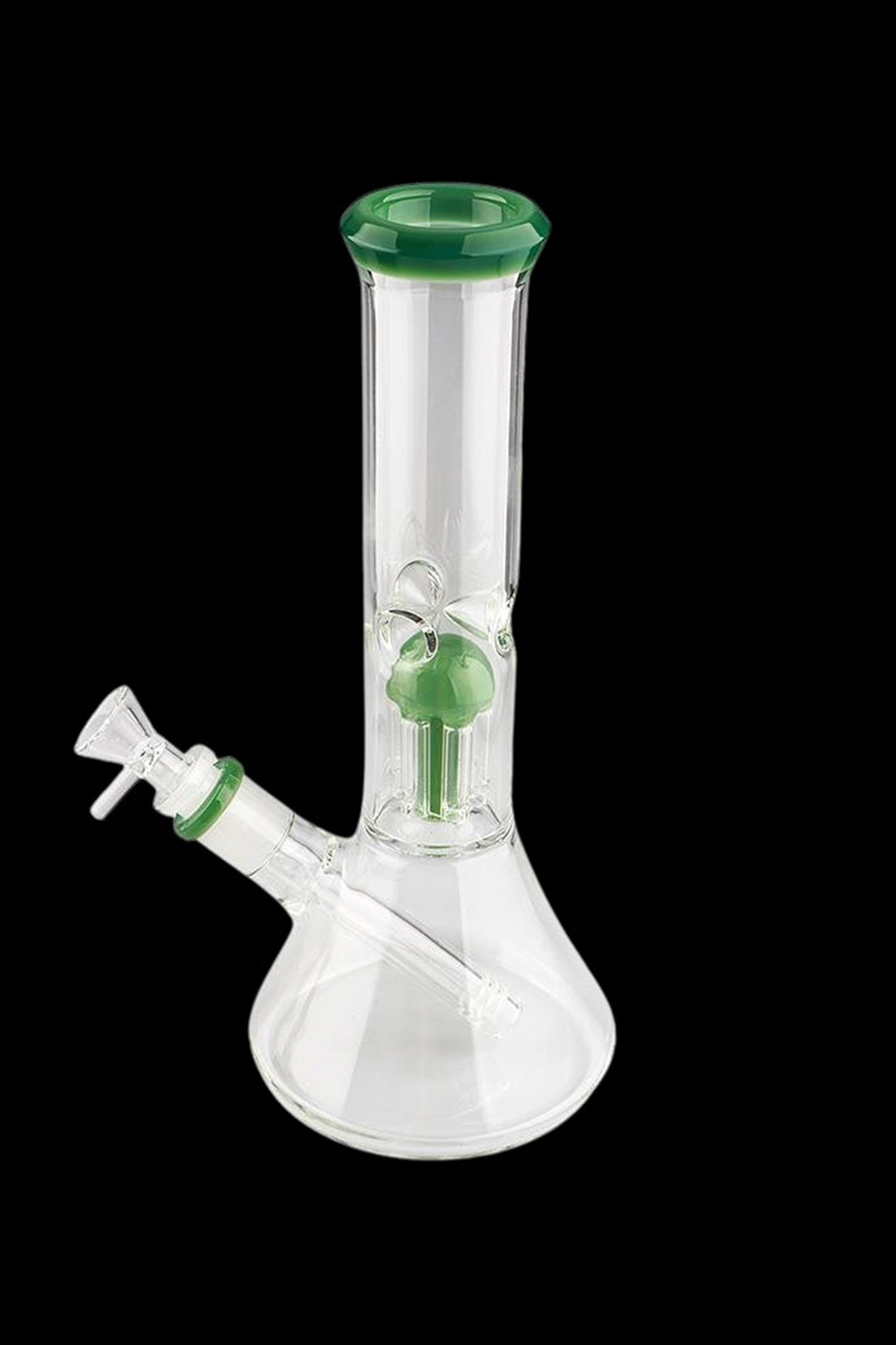 Clear glass bong with green accents and percolator.