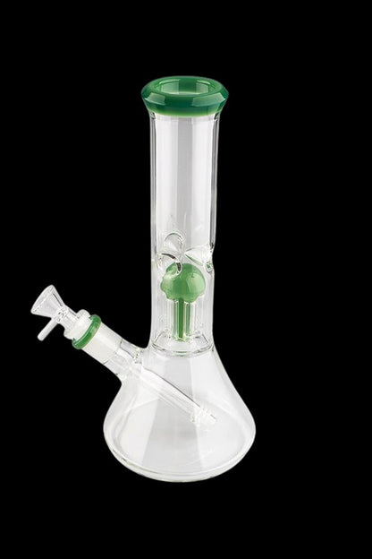 Clear glass bong with green accents and percolator.