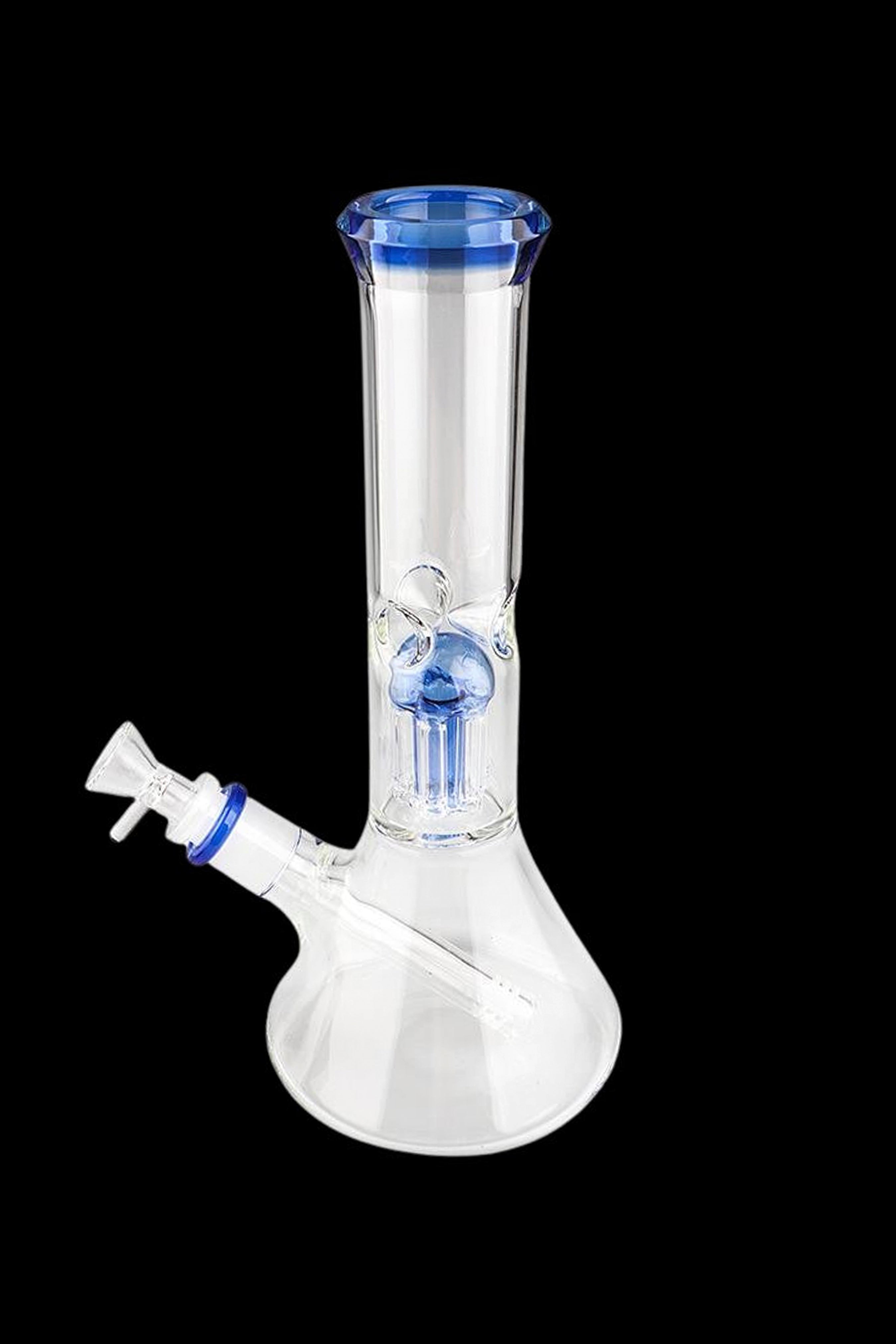 Clear glass bong with blue accents and a diffused downstem.
