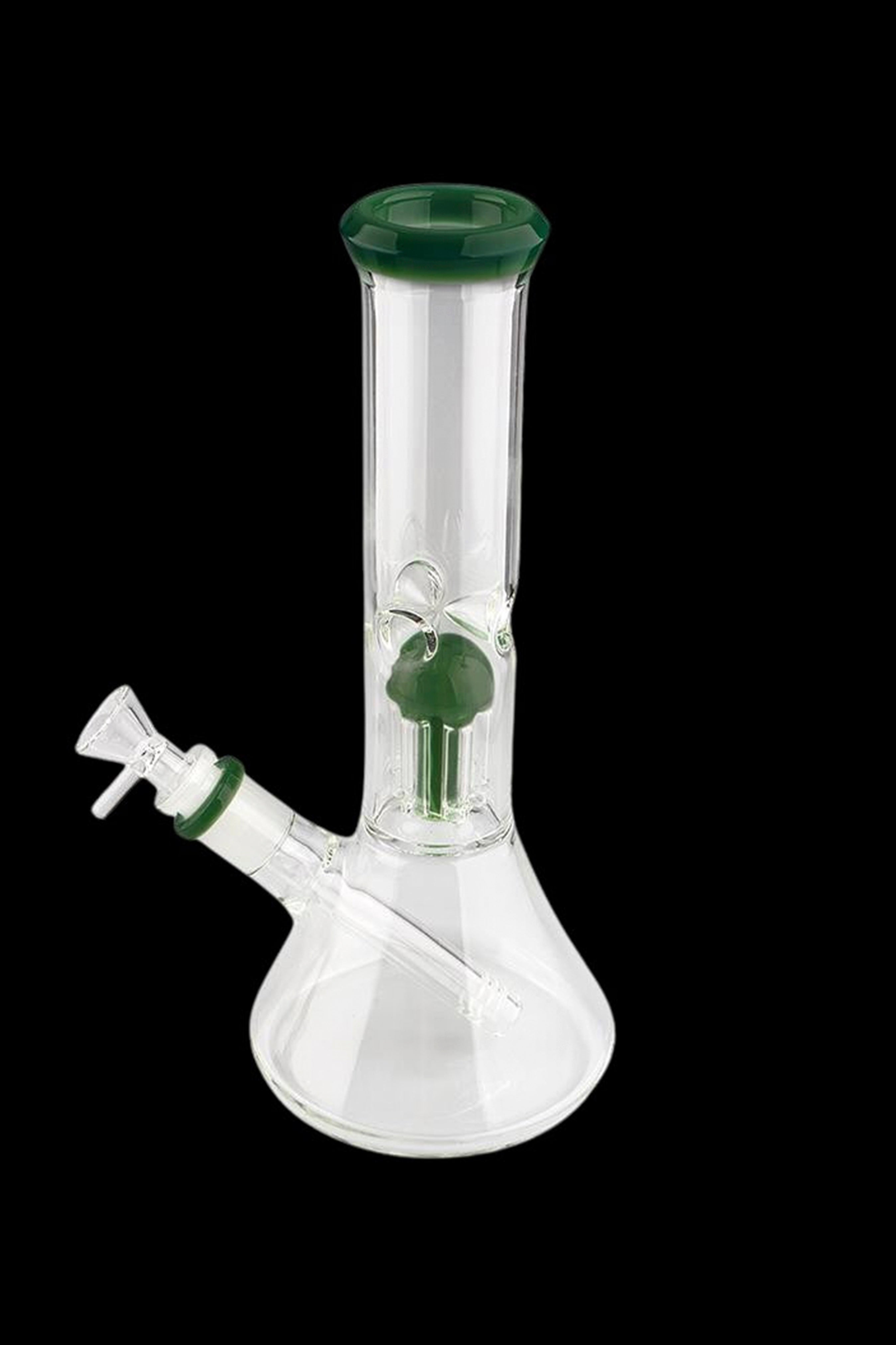 Glass bong with green accents against a black background.