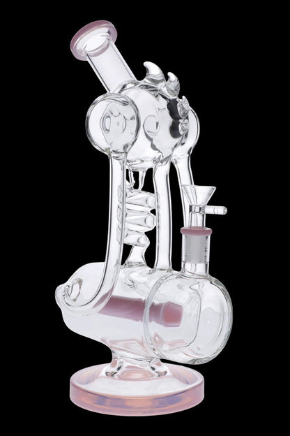 Angled front view of the Bent Neck Bong w/ Bowl & Banger in milky blue glass showing its bent neck, spiral percolator, and rounded base against a black background