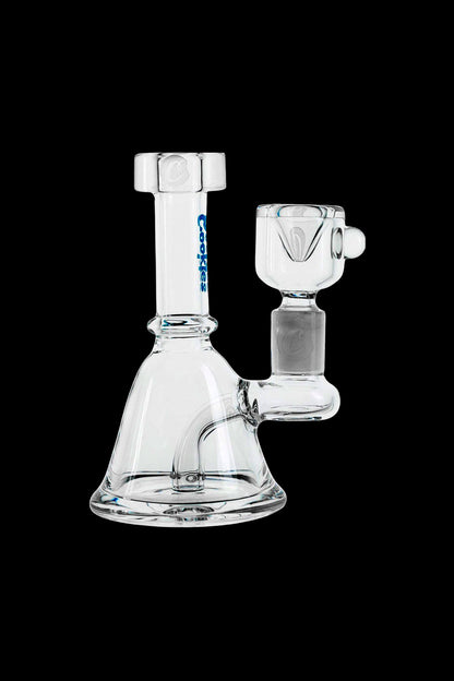 Clear glass bong with a flared base and accompanying glass bowl, branded with "Cookies".