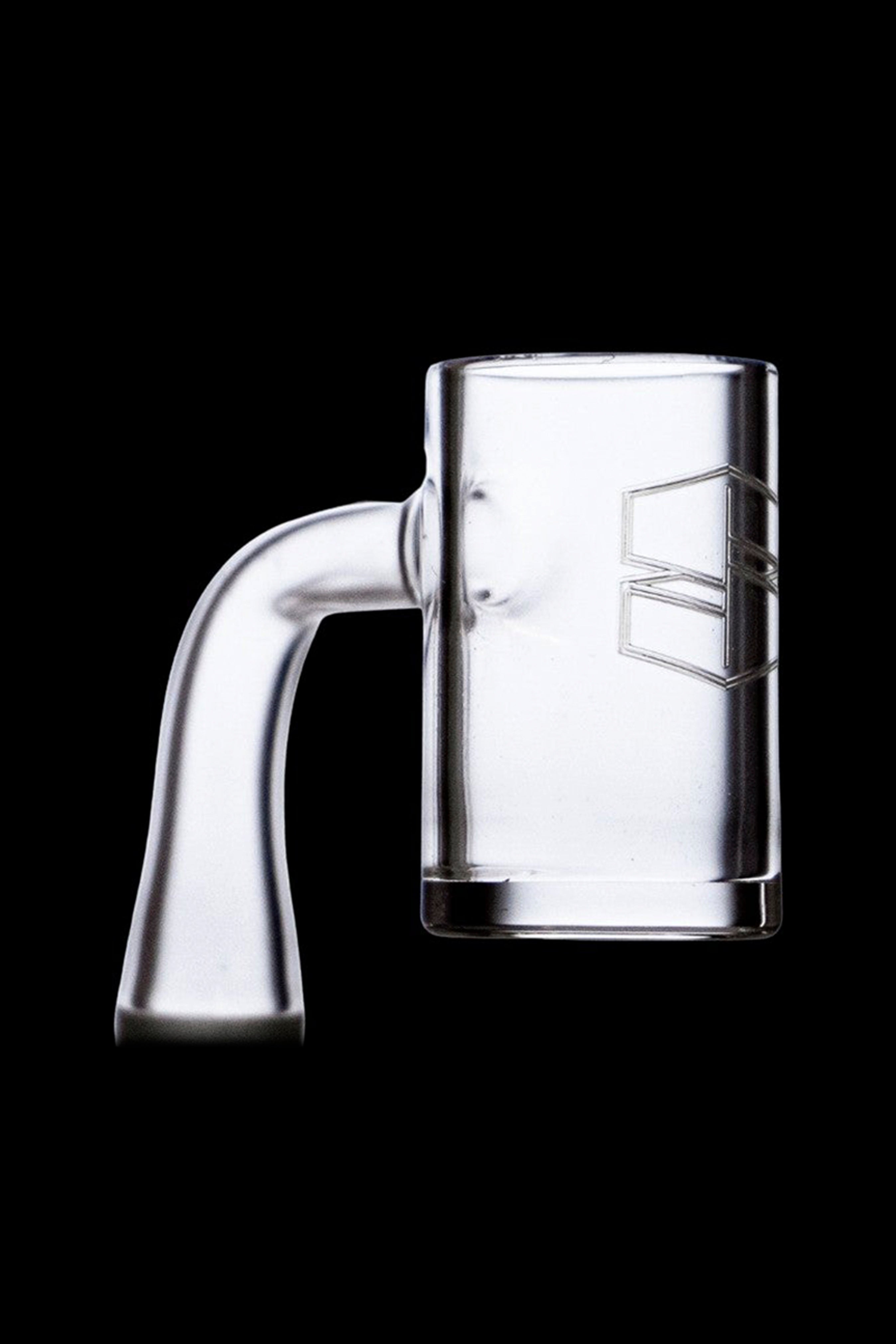 Clear quartz dab rig with a geometric logo.