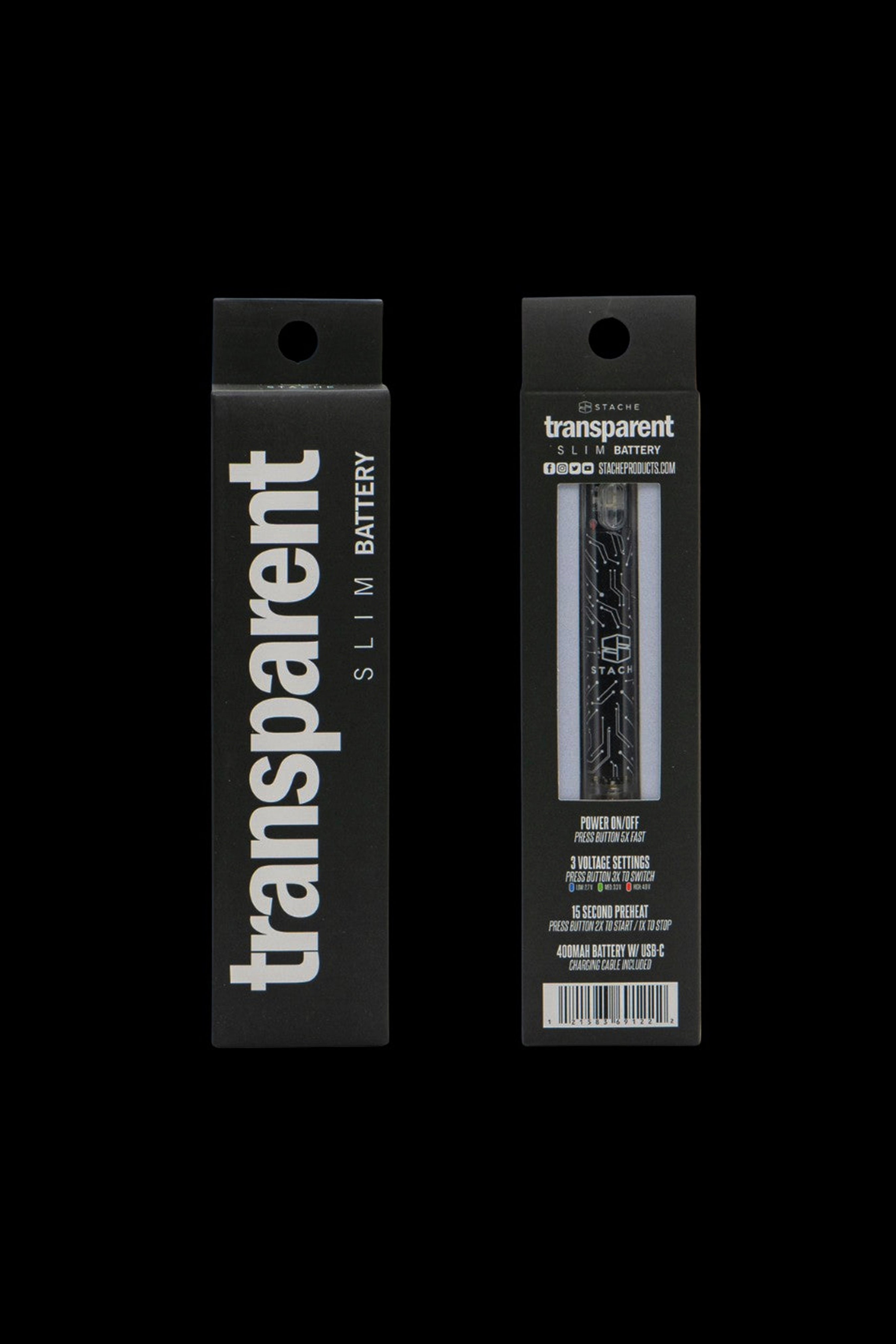 Transparent slim cannabis oil vape battery packaging.