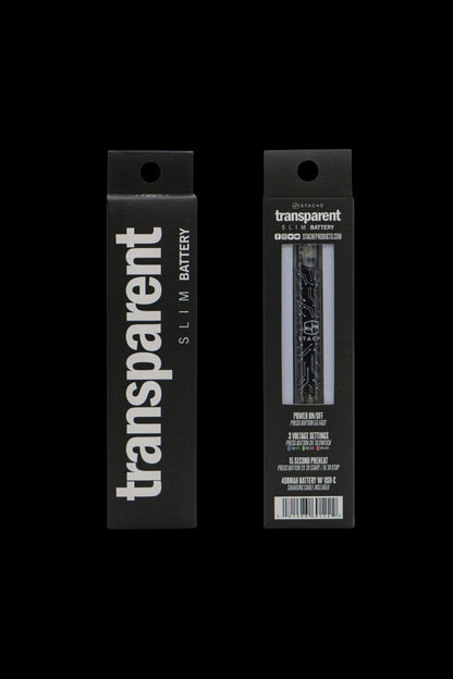 Transparent slim cannabis oil vape battery packaging.