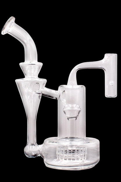 Clear glass water pipe (rig) with multiple percolation chambers and mouthpiece.