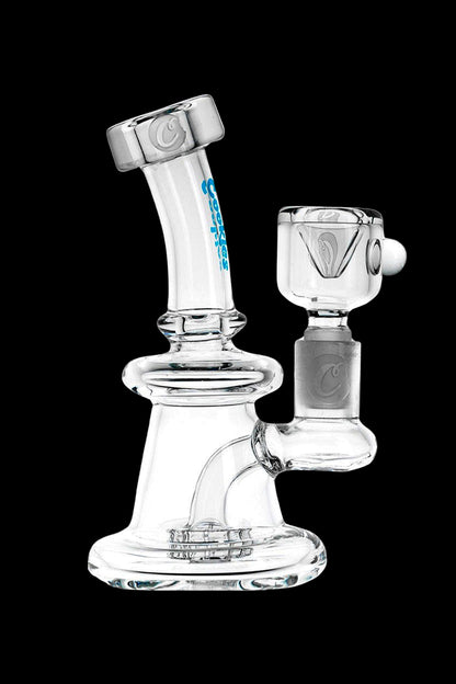 Clear glass rig with a bubbler base and detachable bowl, isolated on a black background.