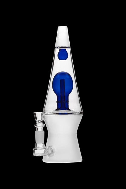Clear glass water pipe (bong) with blue glass accents, studio shot on a black background.
