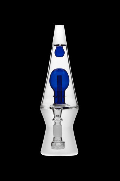 Clear glass dab rig with blue accents, studio shot.