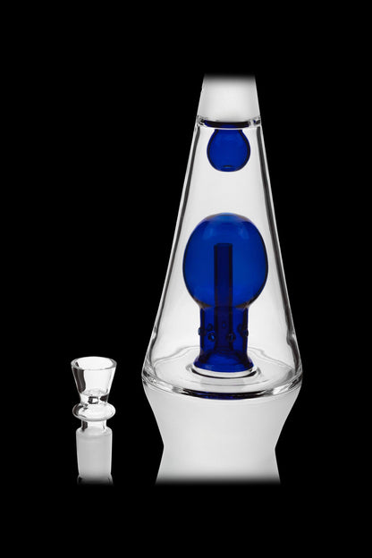 Blue glass bubbler with a separate glass bowl, isolated on a black background.