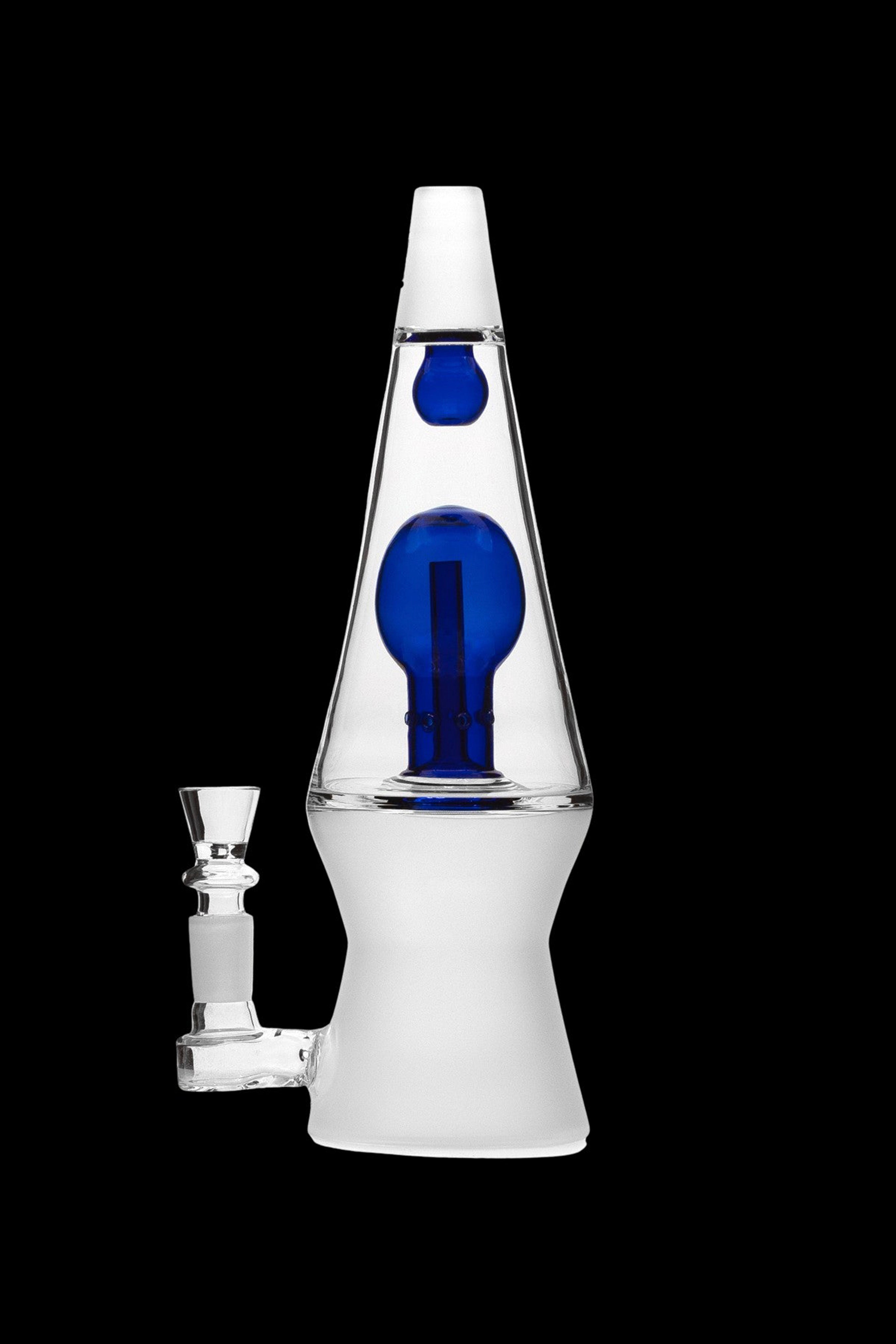 Clear glass water pipe with blue accents and a removable bowl.