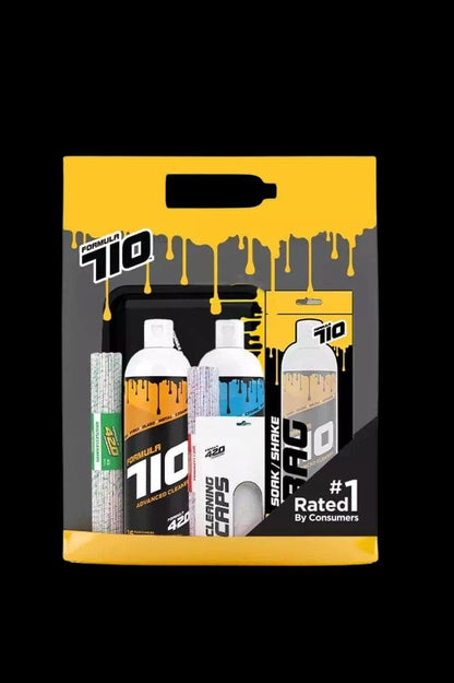 Yellow packaging for “Formula 710” cannabis cleaning solution, including bottles and cleaning caps, labeled "#1 Rated by Consumers."