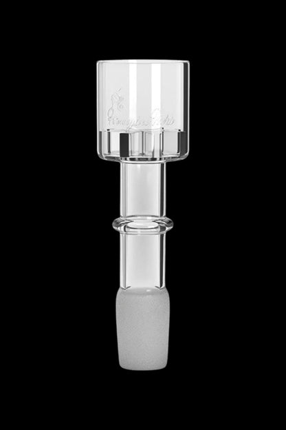 Clear glass dab rig attachment with etched logo.