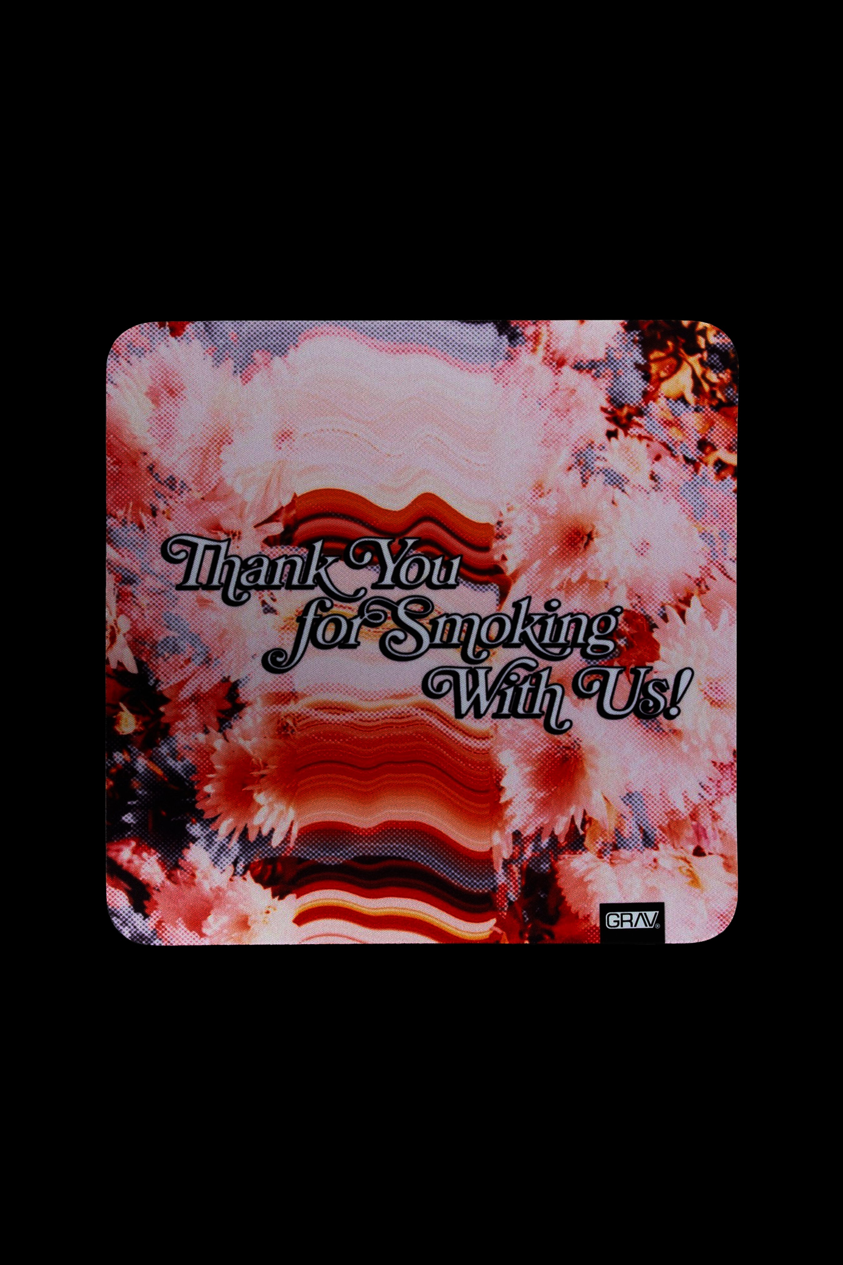 Retro-style graphic with swirling red, pink, and purple hues and the text "Thank You for Smoking With Us!" with a "GRAV" logo at the bottom. 