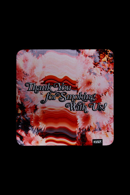 Retro-style graphic with swirling red, pink, and purple hues and the text "Thank You for Smoking With Us!" with a "GRAV" logo at the bottom. 