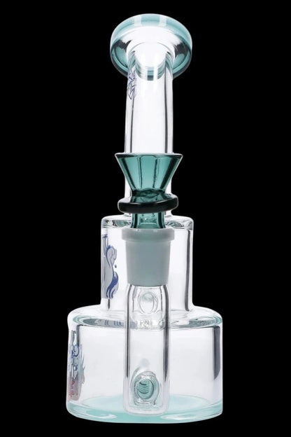 Centered frontal view of the Cabana Cannabis Co. Ahoy Dab Rig - Teal showing its clear glass chamber, teal mouthpiece and funnel bowl against a black background