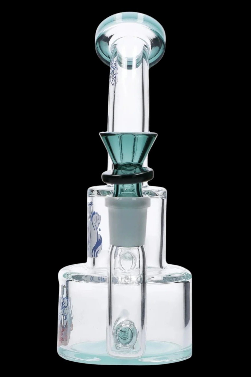 Centered frontal view of the Cabana Cannabis Co. Ahoy Dab Rig - Teal showing its clear glass chamber, teal mouthpiece and funnel bowl against a black background