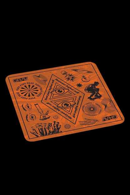 Orange playing card-style design with cannabis-themed illustrations and text including "Puff Pass" and "Find your higher self."