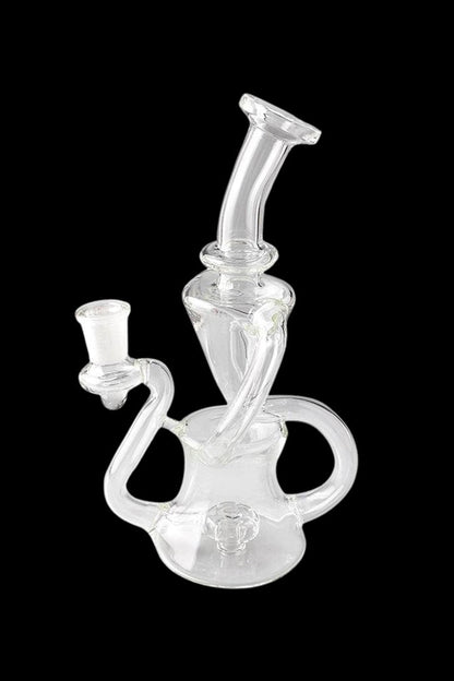 Clear glass water pipe (rig) with intricate looping design and bowl piece.