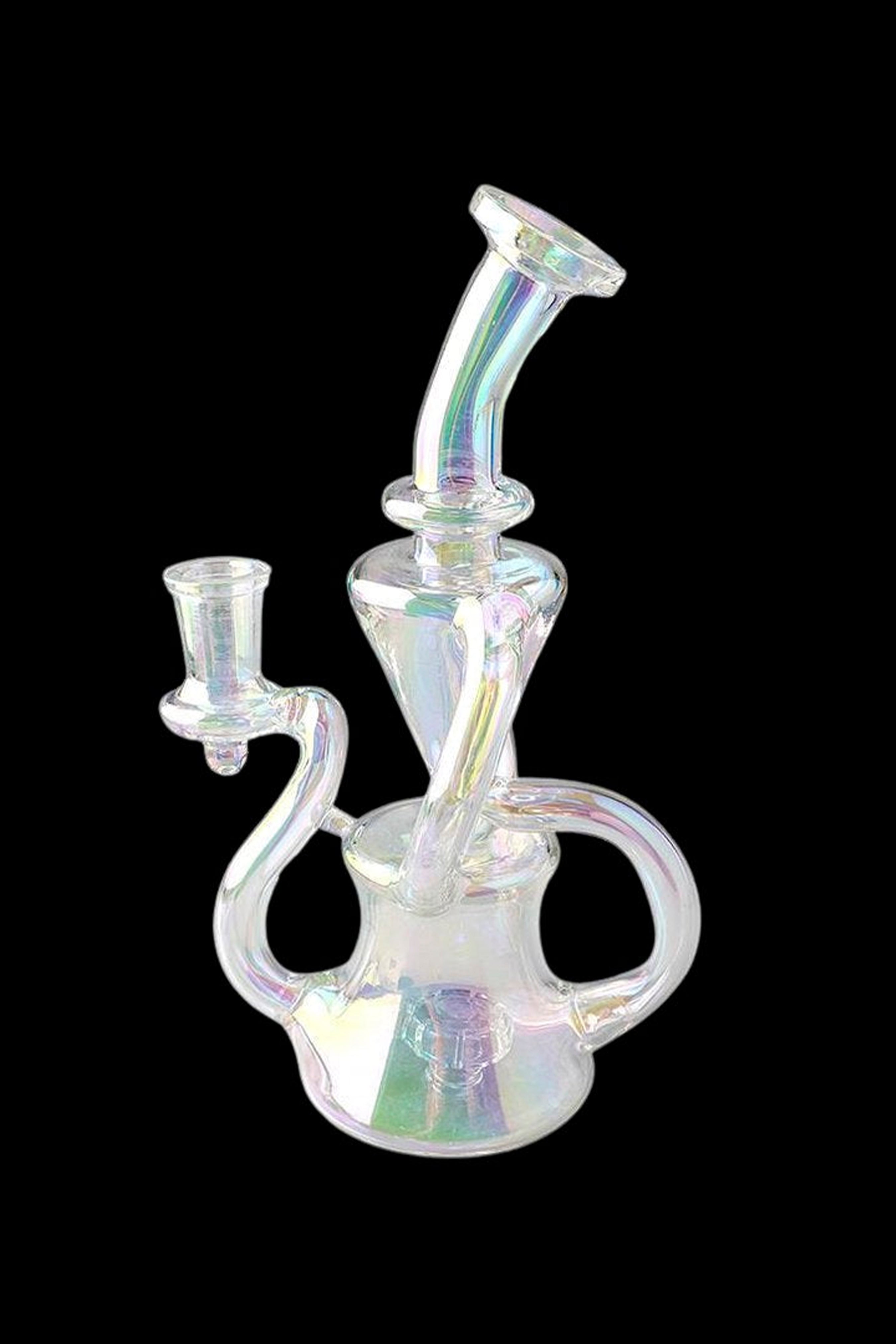 Iridescent glass water pipe with multiple chambers and a side carb.
