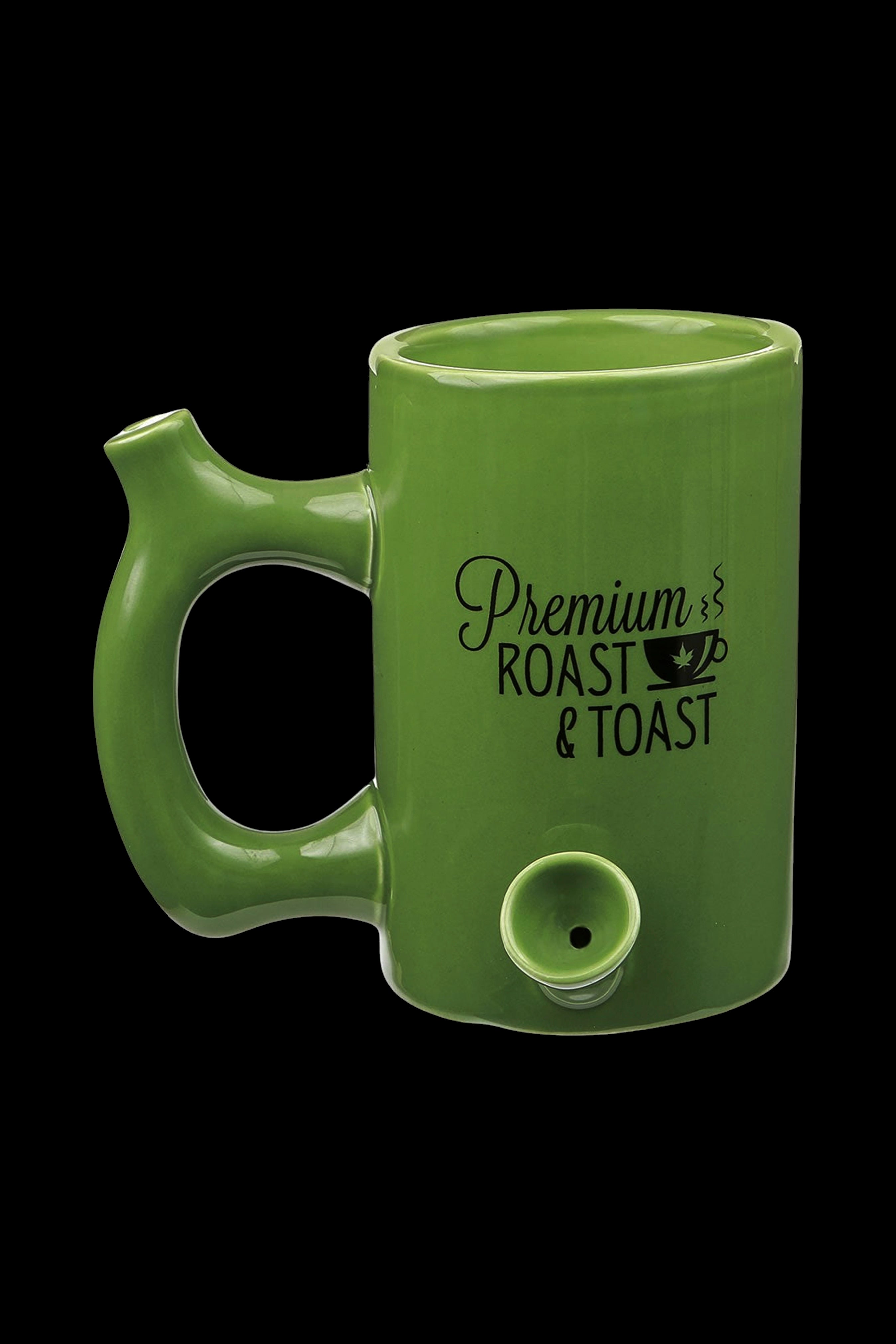 Green ceramic mug with a built-in pipe and text reading "Premium Roast & Toast".