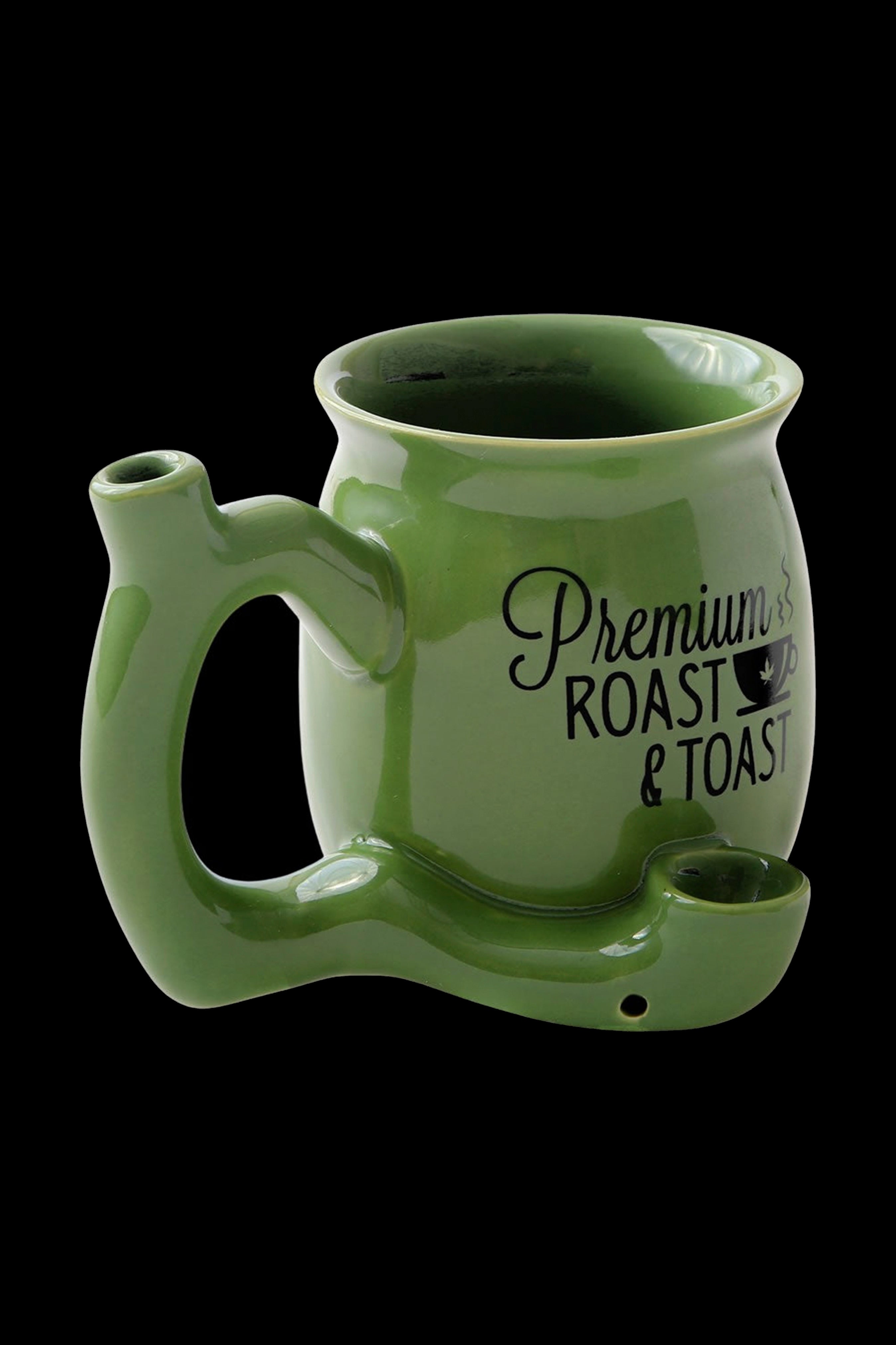Green ceramic mug with a built-in pipe and text reading “Premium Roast & Toast”.