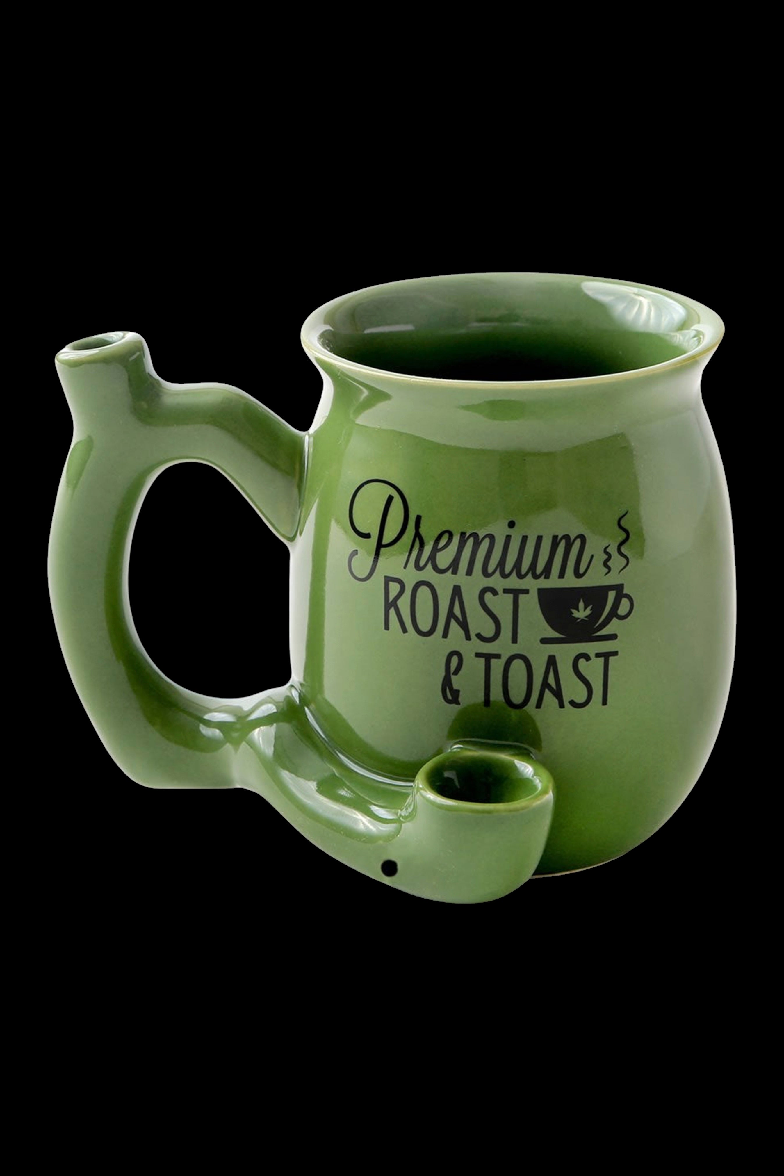 Green ceramic mug with a built-in pipe and text reading “Premium Roast & Toast” with a cannabis leaf illustration.