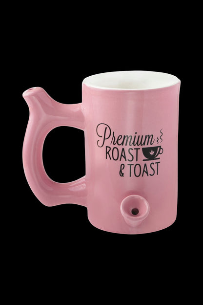 Pink ceramic mug with a built-in pipe and text reading “Premium Roast & Toast.”