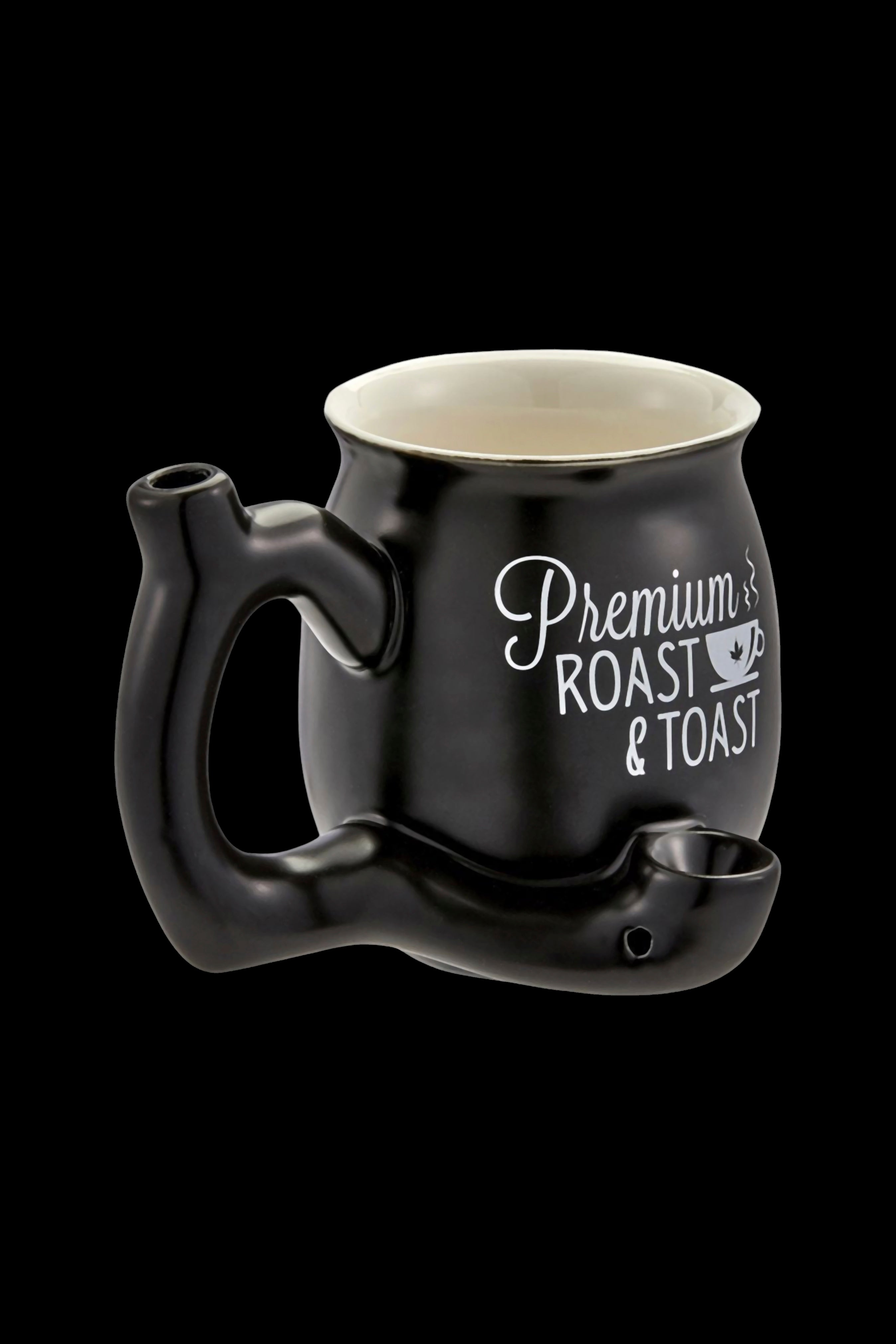Black ceramic mug with a built-in pipe and text reading “Premium Roast & Toast.”