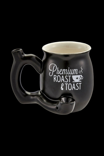 Black ceramic mug shaped like a cannabis pipe with “Premium Roast & Toast” text.