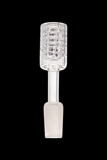 Clear glass quartz banger with textured dome for vaporizing cannabis concentrates.